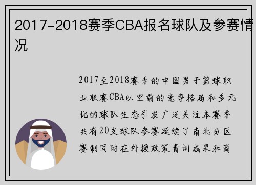 2017-2018赛季CBA报名球队及参赛情况