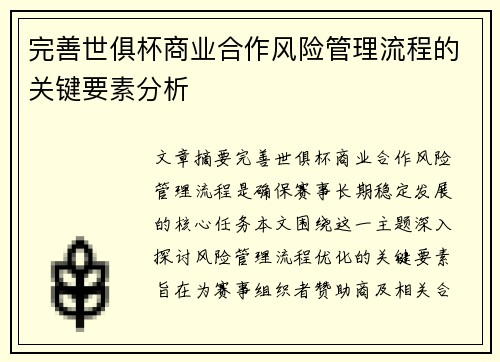 完善世俱杯商业合作风险管理流程的关键要素分析
