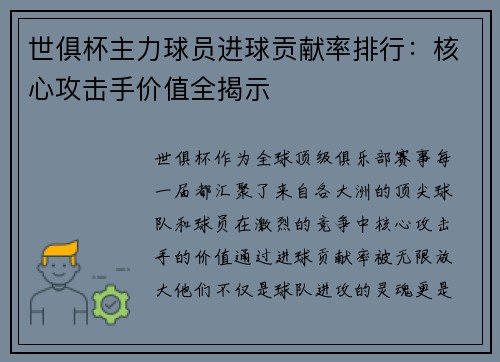 世俱杯主力球员进球贡献率排行：核心攻击手价值全揭示